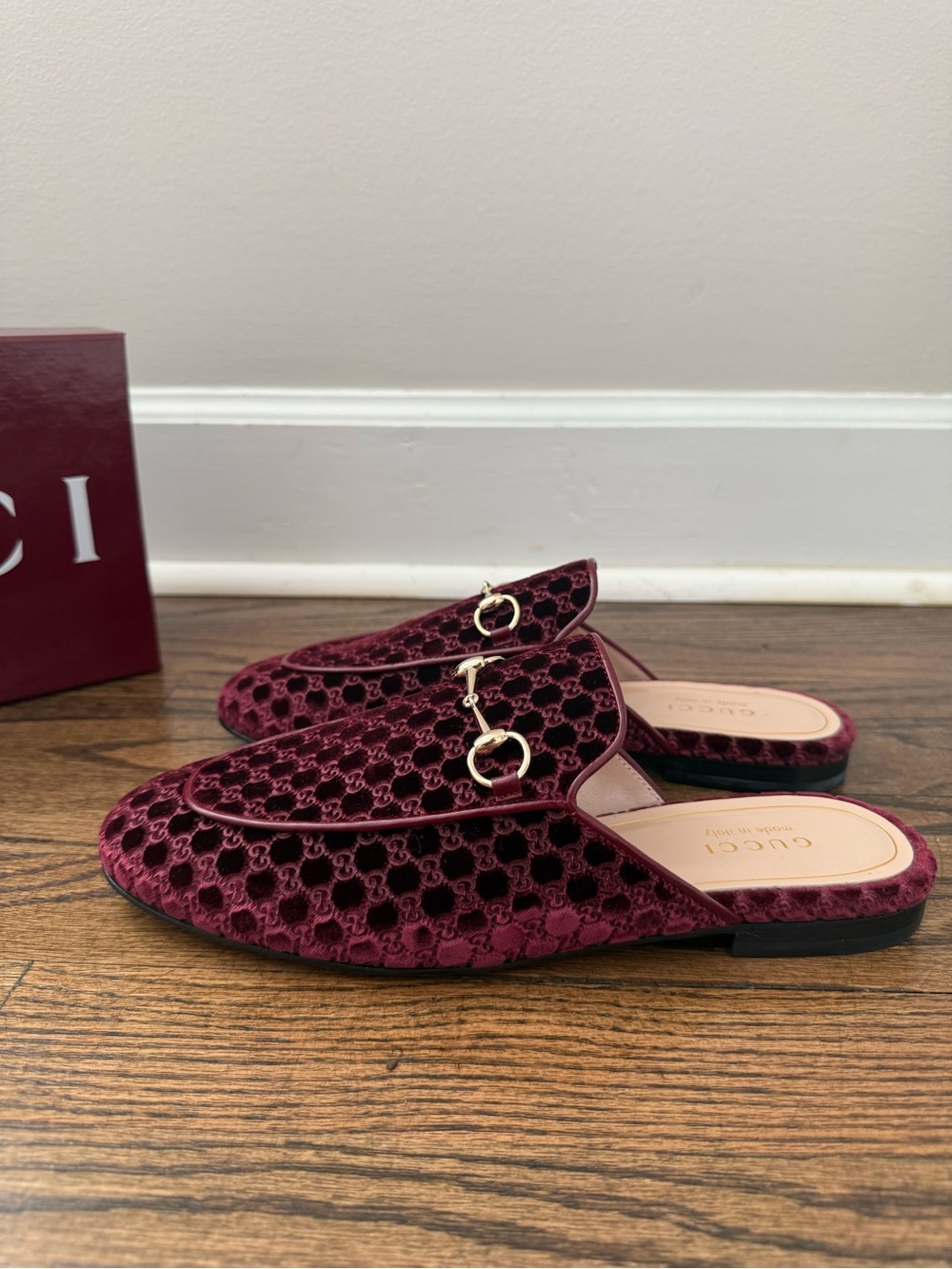 Gucci Burgundy Velvet Horsebit Backless Mules